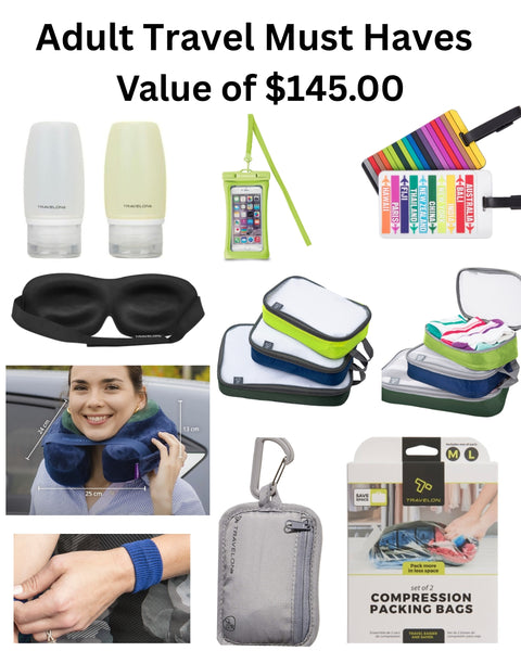 Adult Travel Must Haves - 9 Products - #1 ranked Pillow, luggage Tags, RFID Wallet, Compression Bags, Packing Tubes, Packing Cubes, Motion Sickness WristBand, Phone Water Holder, Eye Covering.